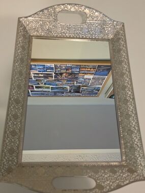 Gold Tone Mirrored Metal & Glass Serving Tray w/ Handles Floral Rectangle 18x13"